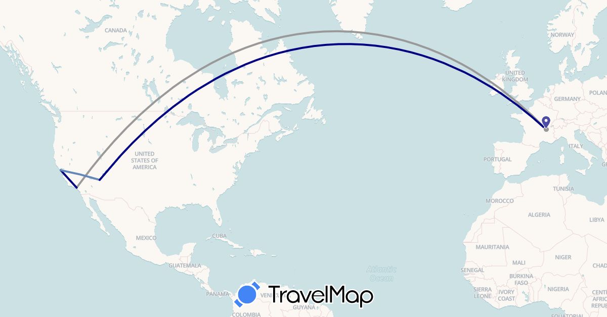 TravelMap itinerary: driving, plane, cycling in France, United States (Europe, North America)